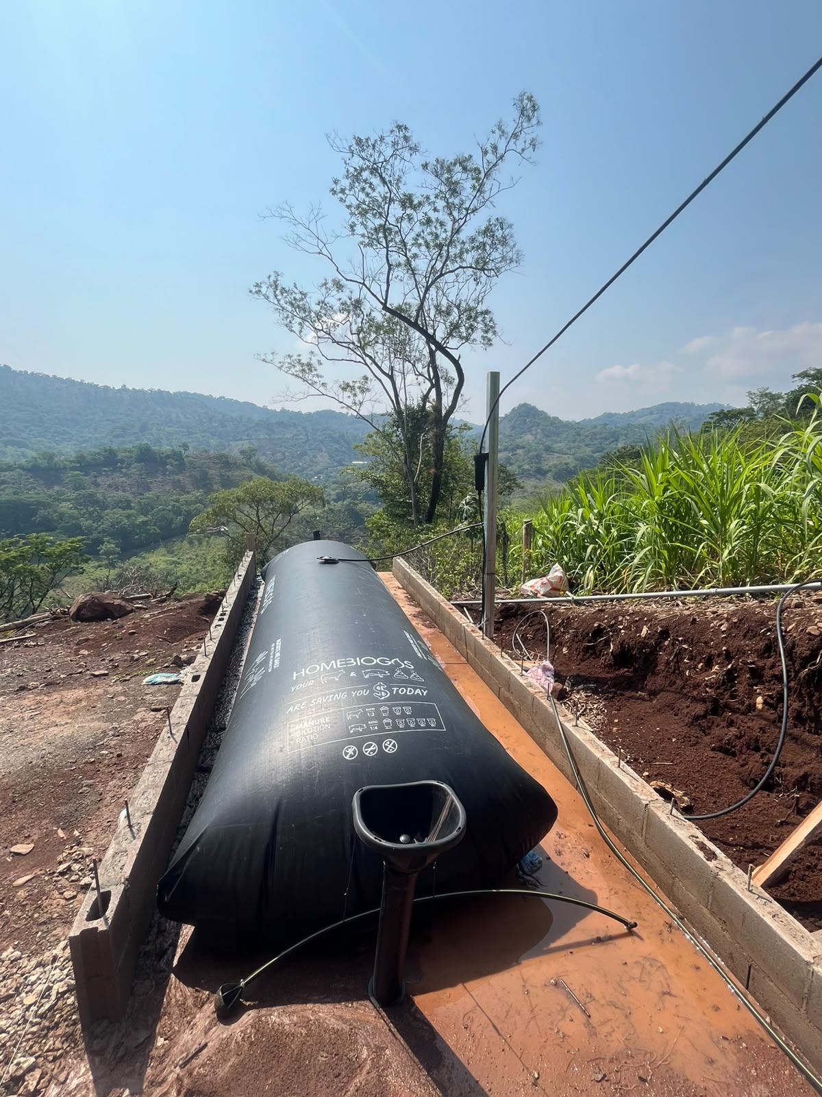 Biodigestor instalado junto a la granja porcina para aprovechar los residuos